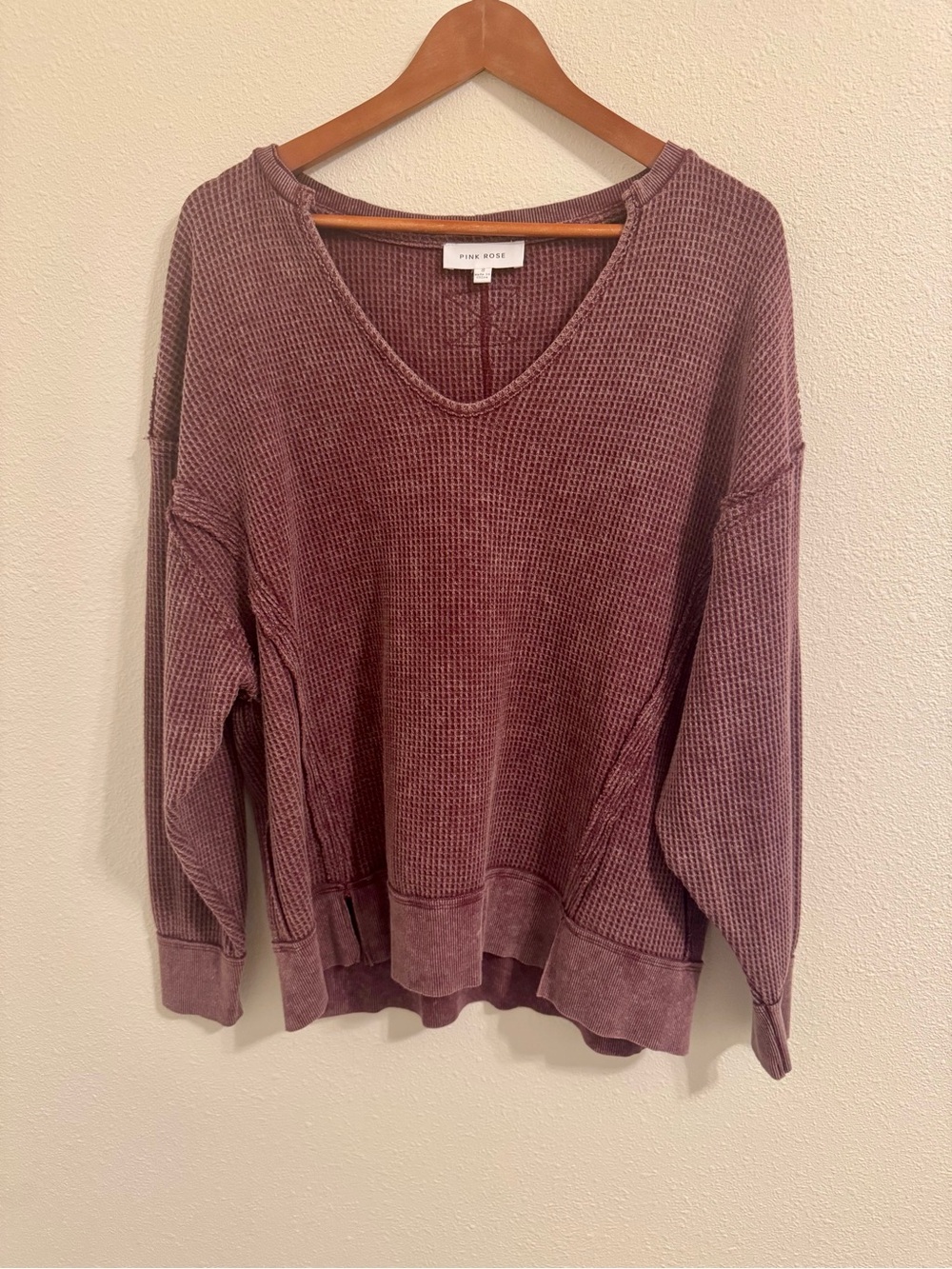 Pink Rose Mauve Waffle Knit Oversized V Neck Pullover Top Small
